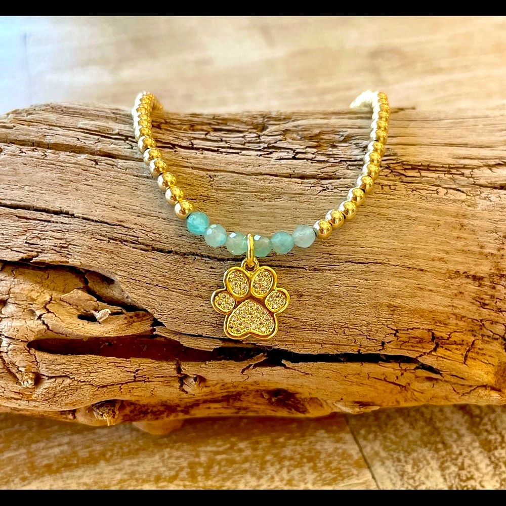 Handmade 14k gold filled bead stretch paw print bracelet benefits cat rescue